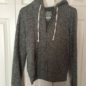 Large Gray marled sweater with hood, faux fur rim, zip up